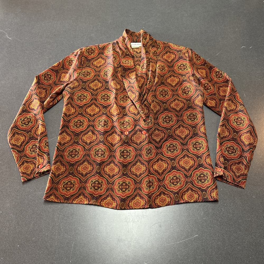 70s Helene St Marie Pleated Blouse 6 V-Neck Double Breasted Career Classic USA